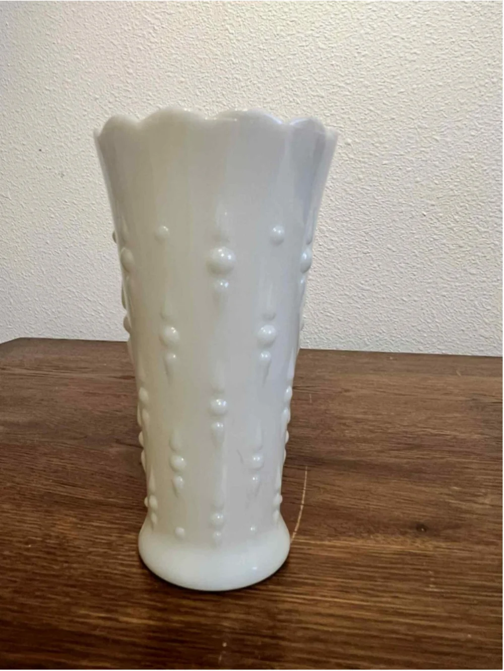 Vintage Milk Glass Vases Lot of 2 Diamond Quilt & Hobnail Pattern Scalloped Rim